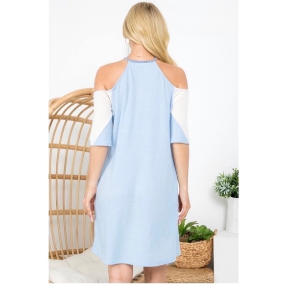 Leopard Detail Blue & White Cold Shoulder Dress Pockets S - Picture 3 of 14